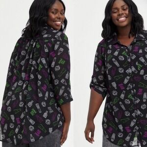 Torrid Women's 1X Black Multicolor Disney Villains Poison Button-Down Tunic NWOT